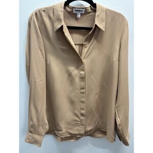 Express Portofino Shirt Blouse Size M Slim Fit Tan Roll Tab Sleeve Career